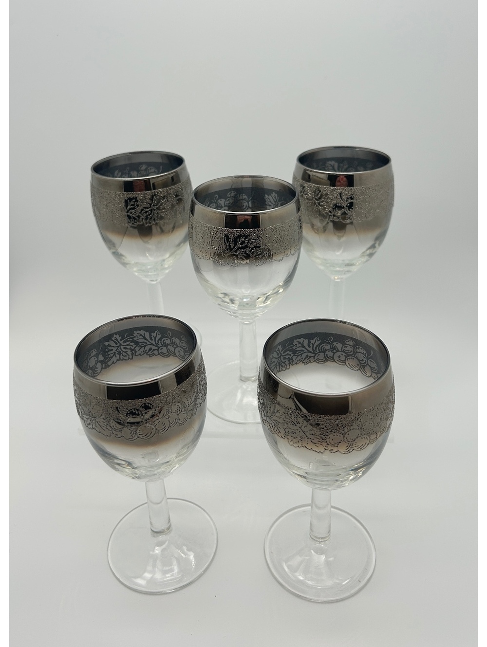 5 (five) Vintage MCM Silver Fade Cordials with Raised Grape/Leaf Design